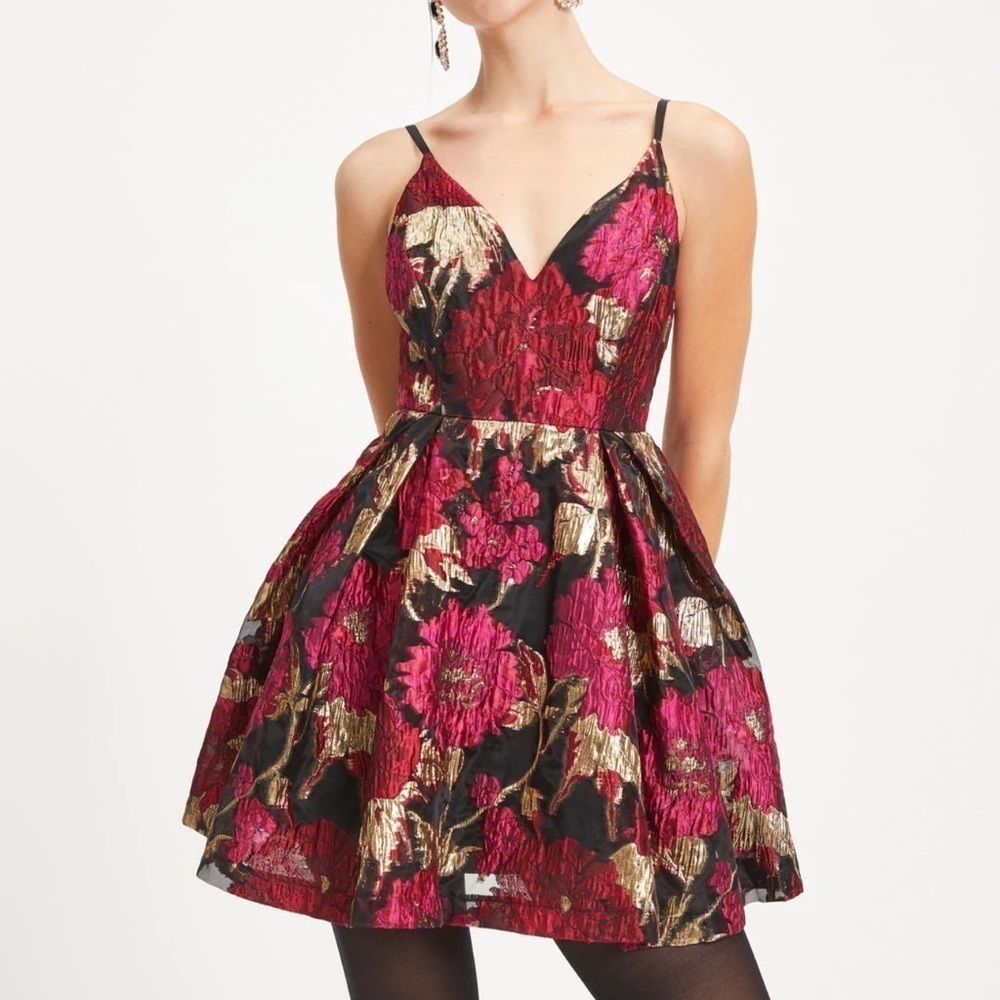 Floral Metallic V-Neck Mini Dress in Fuchsia and Gold